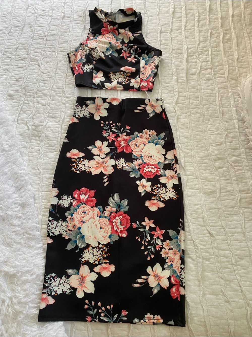 Floral Black Two-Piece Midi Dress